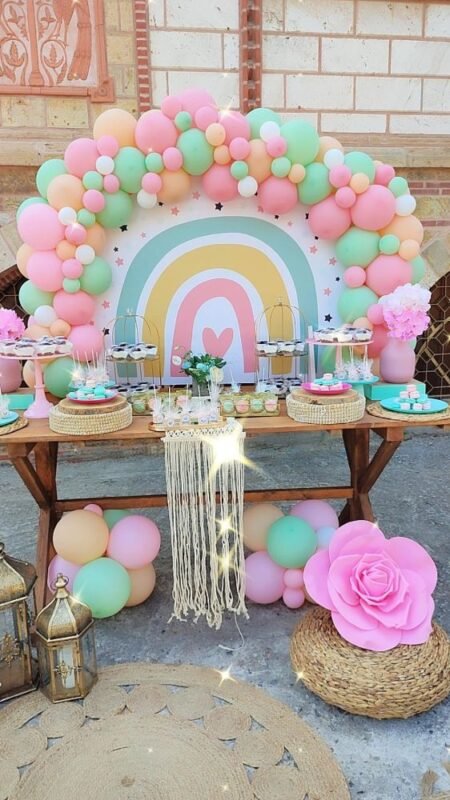 στολισμός βάπτισης με θέμα ουράνιο τόξο