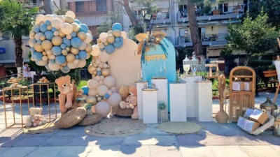 στολισμός βάπτισης αρκουδάκι αερόστατο