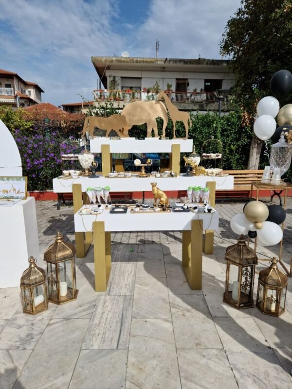 στολισμός βάπτισης με θεμα safari σε μαύρο και χρυσό